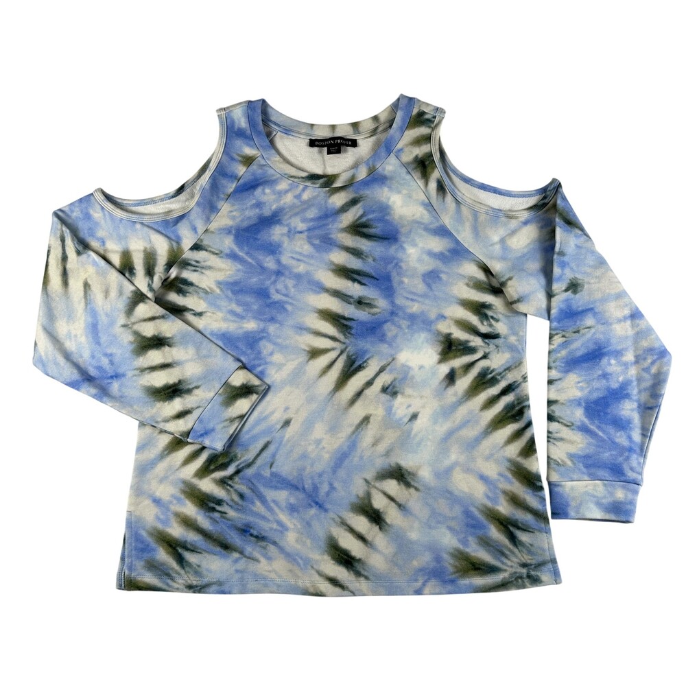 Boston Proper Shirt Womens Medium Blue Tie Dye Cold Shoulder Long Sleeve Top